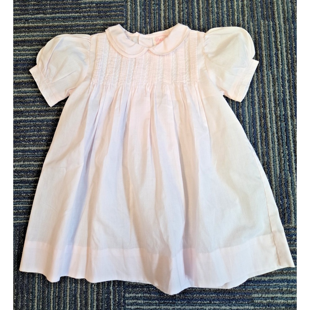 Petit Ami Pleated Smocked Hand Embroidered Baby Girl's Dress 6M Pink Puff Sleeve